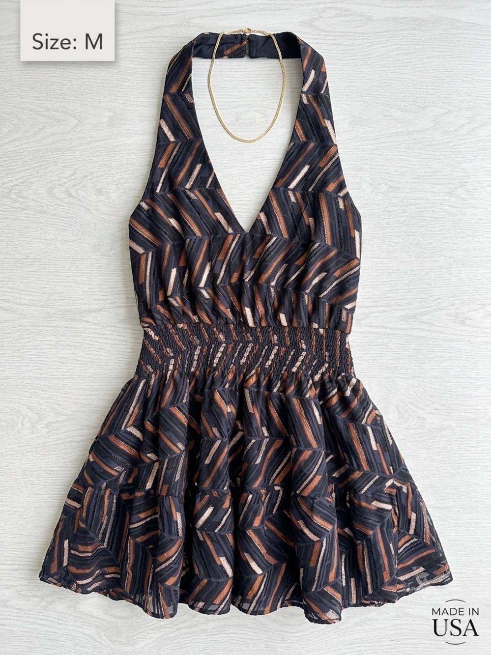 Ramy Brook Navy & Gold Halter Mini Dress Excellent Condition L/XL